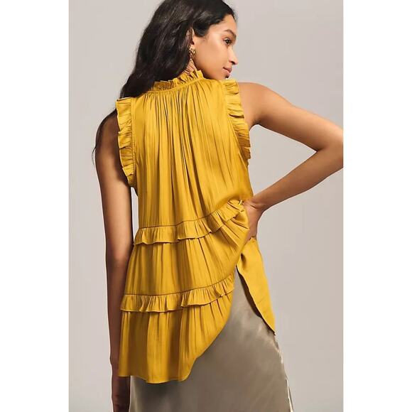 By Anthropologie Tiered Ruffle Trim Sleeveless Blouse Yellow Women's Size XL - Picture 2 of 9